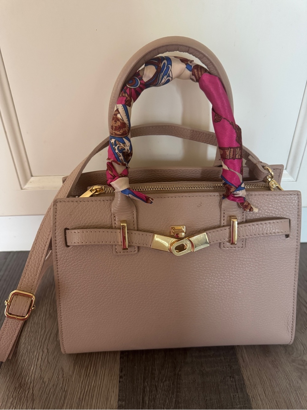 Italian Leather Taupe Satchel Handbag- Florence Italy-Gold Hardware
